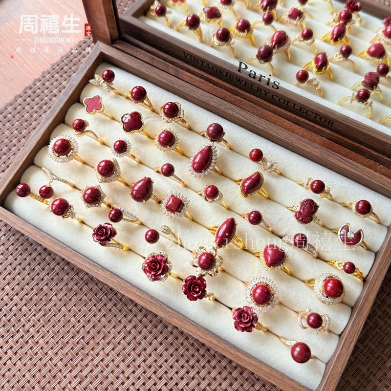 Natural Cinnabar High-Content Purple Gold Sand Inlaid Full Diamond Cinnabar Ring With A High-End Feel For Women, Available In Multiple Styles With Adjustable Fit - Image 3